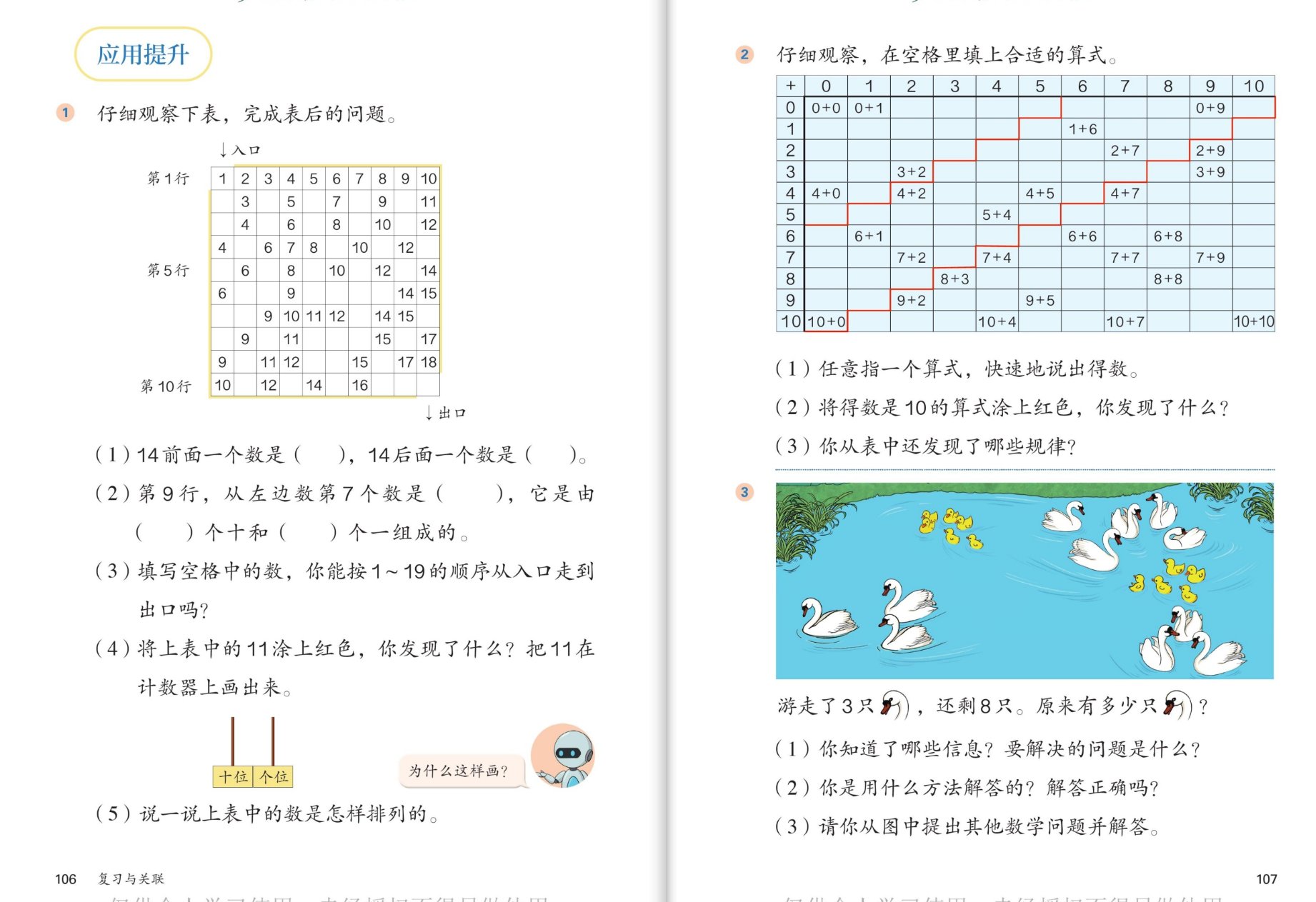 应用提升：数字迷宫、加法表、天鹅问题