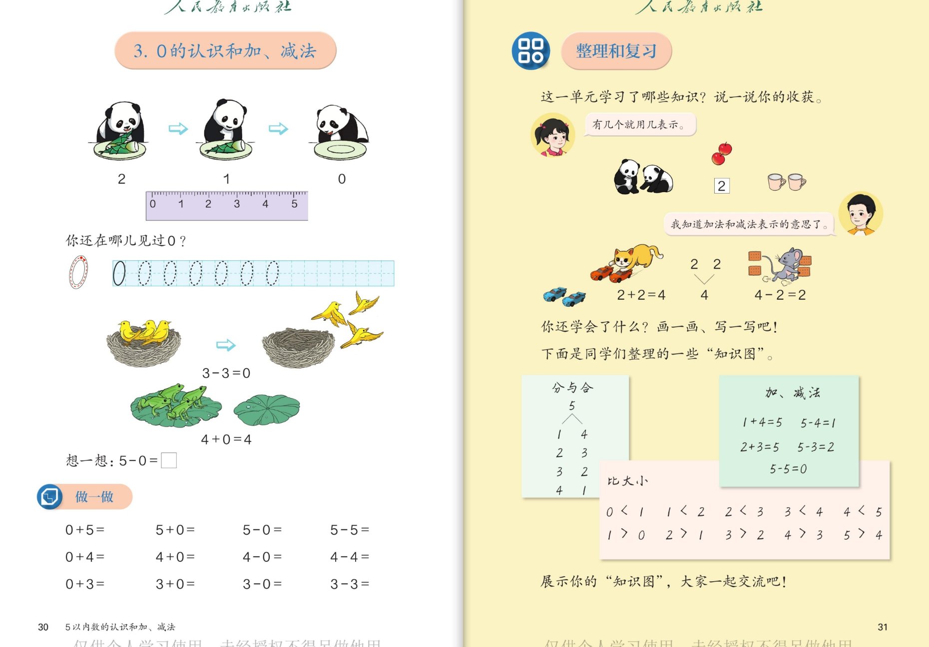 0的认识和加减法：熊猫吃竹子、尺子、鸟窝3-3=0、青蛙4+0=4；整理和复习知识图
