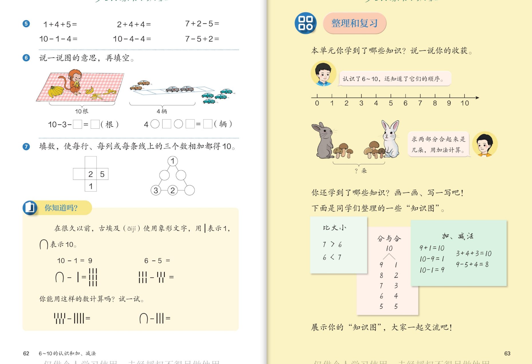 练一练：连加减口算、猴子汽车图、填数得10谜题、古埃及数字；整理和复习知识图