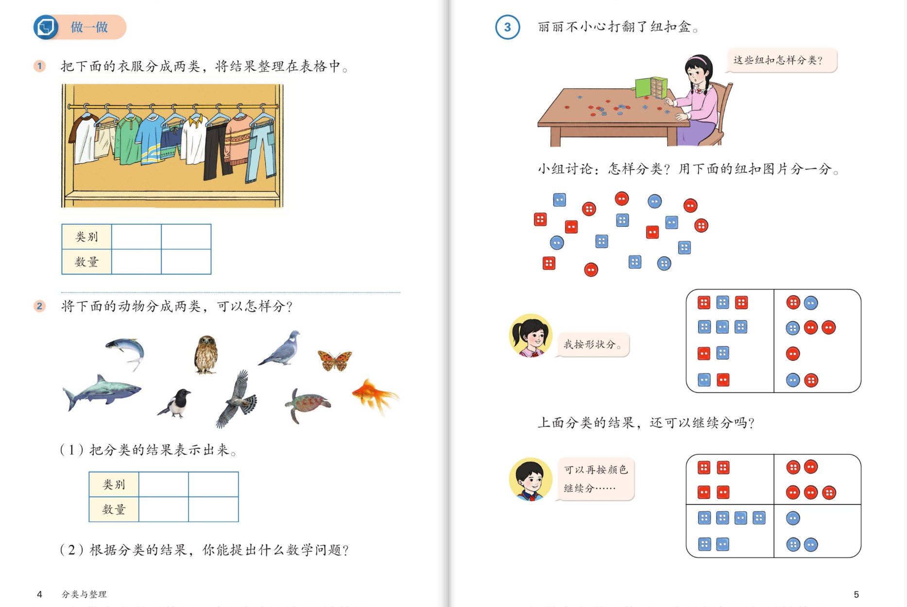 课本第4~5页：把衣服分成两类；把动物分成两类；丽丽打翻了纽扣盒，小组讨论怎样分类