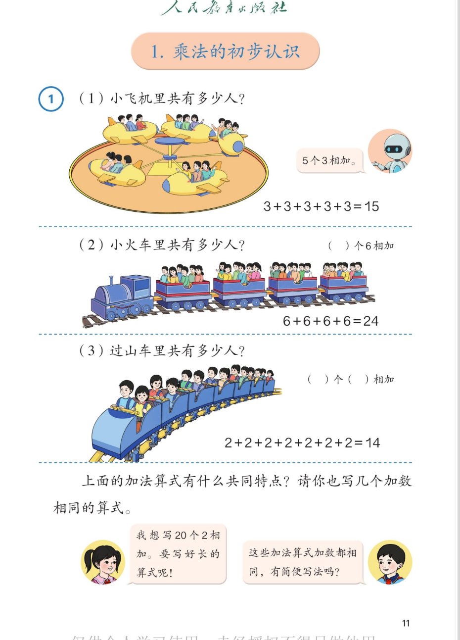 课本第11页例1：(1)小飞机里共有多少人？5个3相加，3+3+3+3+3=15；(2)小火车里共有多少人？（ ）个6相加，6+6+6+6=24；(3)过山车里共有多少人？（ ）个（ ）相加，2+2+2+2+2+2+2=14。下面的加法算式有什么共同特点？请你也写几个加数相同的算式。