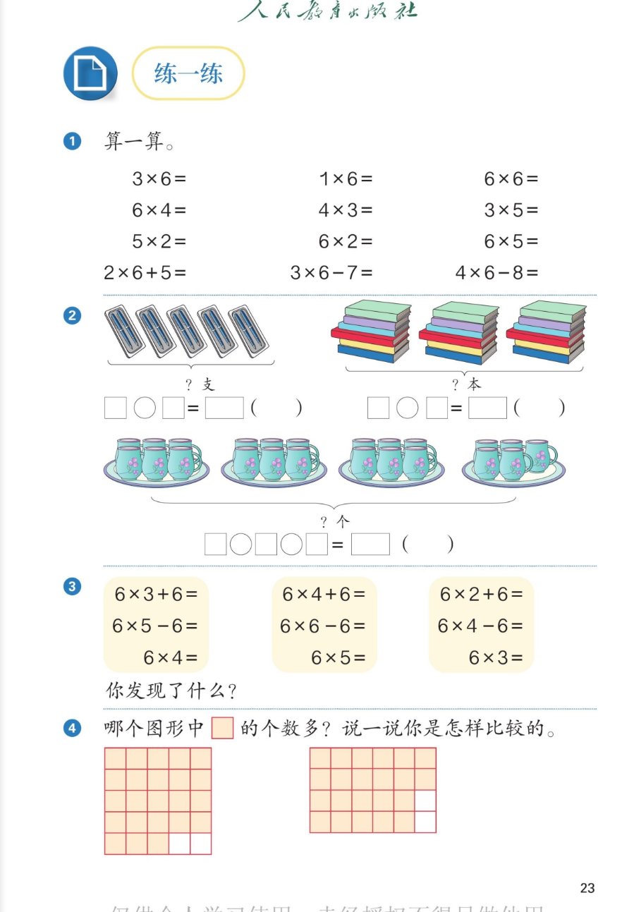 课本第23页练一练：1算一算3×6、1×6、6×6、6×4、4×3、3×5、5×2、6×2、6×5、2×6+5、3×6-7、4×6-8；2看图列式：5盒笔每盒2支、3摞书每摞6本、4盘杯子前三盘各6个第四盘5个（6×3+5）；3计算6×3+6、6×4+6、6×2+6、6×5-6、6×6-6、6×4-6、6×4、6×5、6×3，你发现了什么；4哪个图形中正方形的个数多？左图每行5个有6行缺2个共28个，右图每行6个有4行缺2个共22个，左图多。
