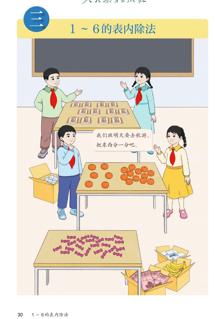 课本第30页单元页：单元标题1~6的表内除法。教室里，桌子和纸箱里装着秋游要带的食物：牛奶、饼干、橘子、糖果、香蕉等。一个男孩和一个女孩说：我们班明天要去秋游，把东西分一分吧。