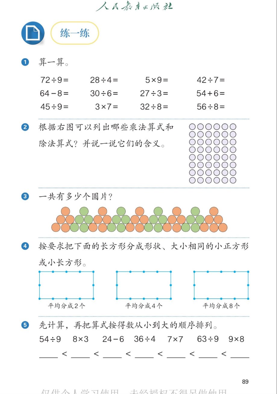 课本第89页，练一练。第1题算一算：72÷9、28÷4、5×9、42÷7；64-8、30÷6、27÷3、54+6；45÷9、3×7、32÷8、56÷8。第2题根据右图可以列出哪些乘法算式和除法算式？并说一说它们的含义。右图是圆点阵列，每行6个，共8行，一共48个。第3题一共有多少个圆片？图中的圆片橙绿相间，每5个一组，共9组。第4题按要求把下面的长方形分成形状、大小相同的小正方形或小长方形：平均分成2个、平均分成4个、平均分成8个。第5题先计算，再把算式按照得数从小到大的顺序排列：54÷9、8×3、24-6、36÷4、7×7、63÷9、9×8。