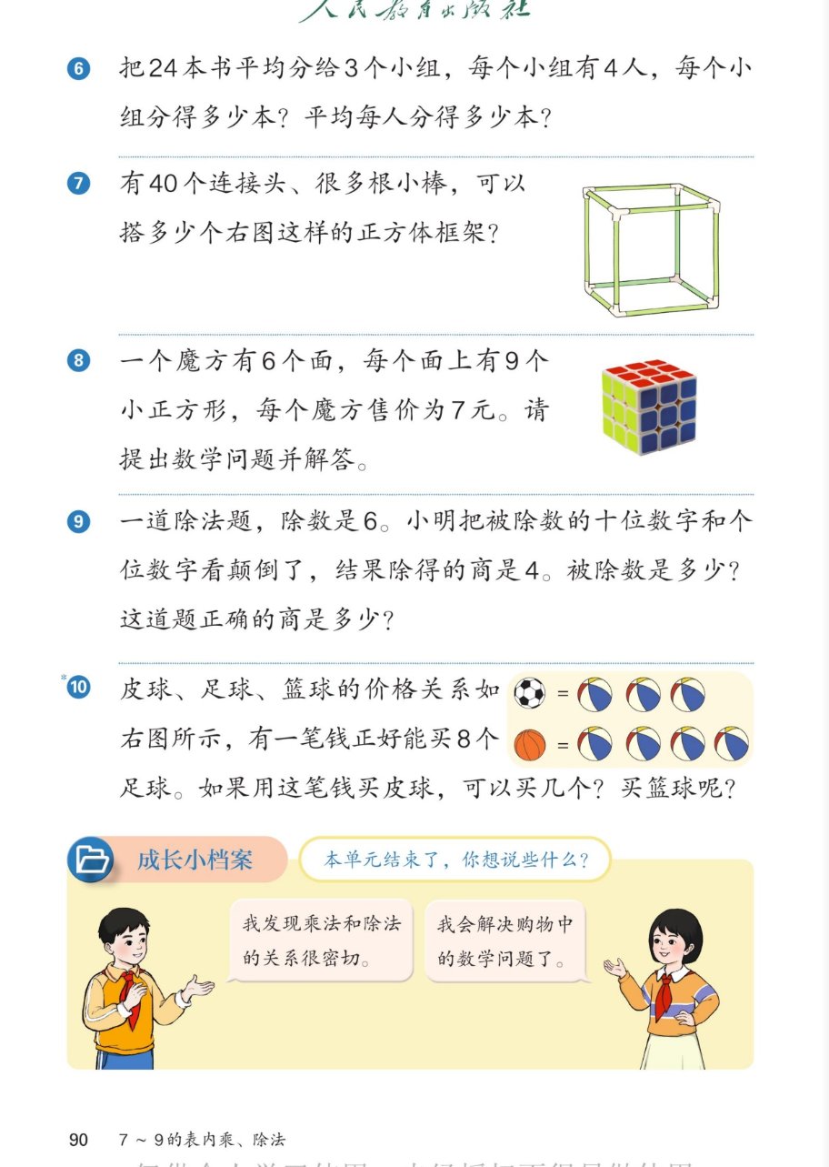 课本第90页，练一练第6至10题和成长小档案。第6题：把24本书平均分给3个小组，每个小组有4人，每个小组分得多少本？平均每人分得多少本？第7题：有40个连接头、很多根小棒，可以搭多少个右图这样的正方体框架？右图是一个正方体框架，有8个连接头。第8题：一个魔方有6个面，每个面上有9个小正方形，每个魔方售价为7元。请提出数学问题并解答。第9题：一道除法题，除数是6。小明把被除数的十位数字和个位数字看颠倒了，结果除得的商是4。被除数是多少？这道题正确的商是多少？第10题：皮球、足球、篮球的价格关系如右图所示，有一笔钱正好能买8个足球。如果用这笔钱买皮球，可以买几个？买篮球呢？右图显示足球等于3个皮球，篮球等于4个皮球。成长小档案：本单元结束了，你想说些什么？男孩说：我发现乘法和除法的关系很密切。女孩说：我会解决购物中的数学问题了。